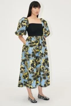 STINE GOYA 3/4 Sleeve Combo Bodice Midi Dress - Blue Anemone Jacquard BlueAnemoneJacquard Online
