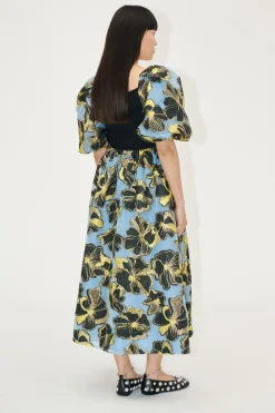 STINE GOYA 3/4 Sleeve Combo Bodice Midi Dress - Blue Anemone Jacquard BlueAnemoneJacquard Online