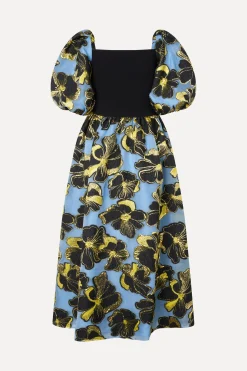 STINE GOYA 3/4 Sleeve Combo Bodice Midi Dress - Blue Anemone Jacquard BlueAnemoneJacquard Online