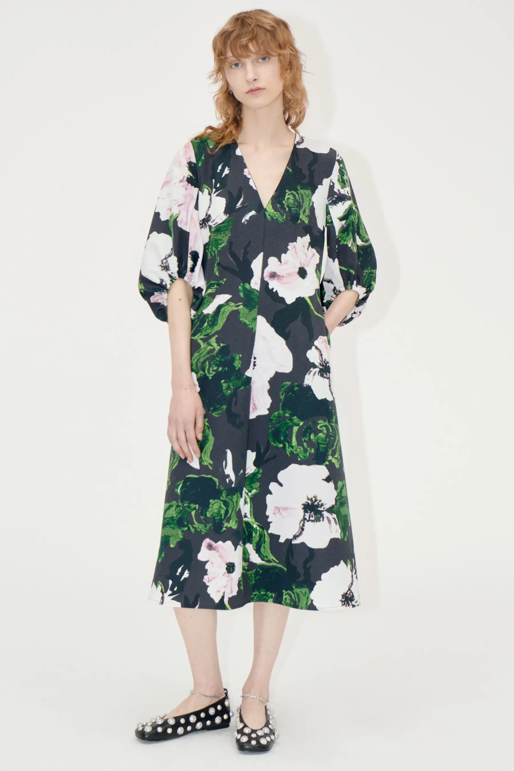 STINE GOYA 3/4 Volume Sleeves Midi Dress - Umber Windflower UmberWindflower Online