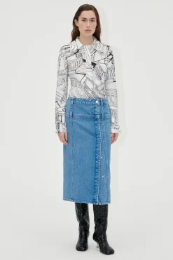 STINE GOYA Button Slit Detail Midi Skirt - Denim Blue DenimBlue Sale