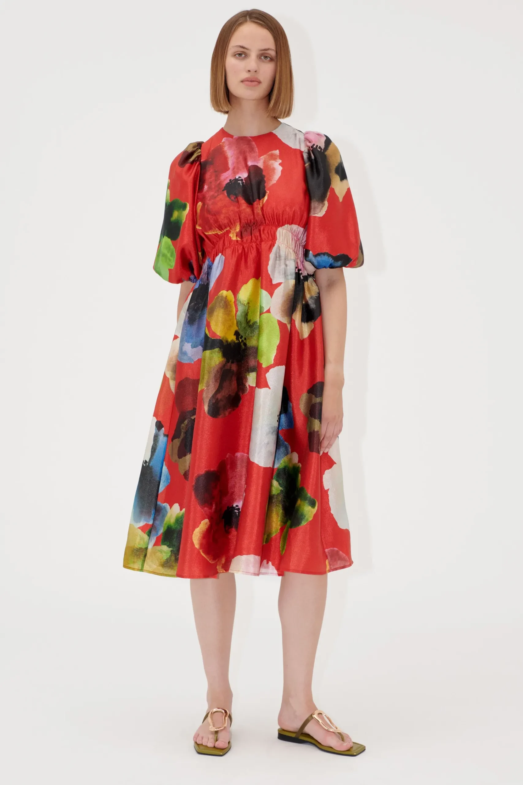 STINE GOYA Elasticated Waist Midi Dress - Bloom In Red BloomInRed Hot