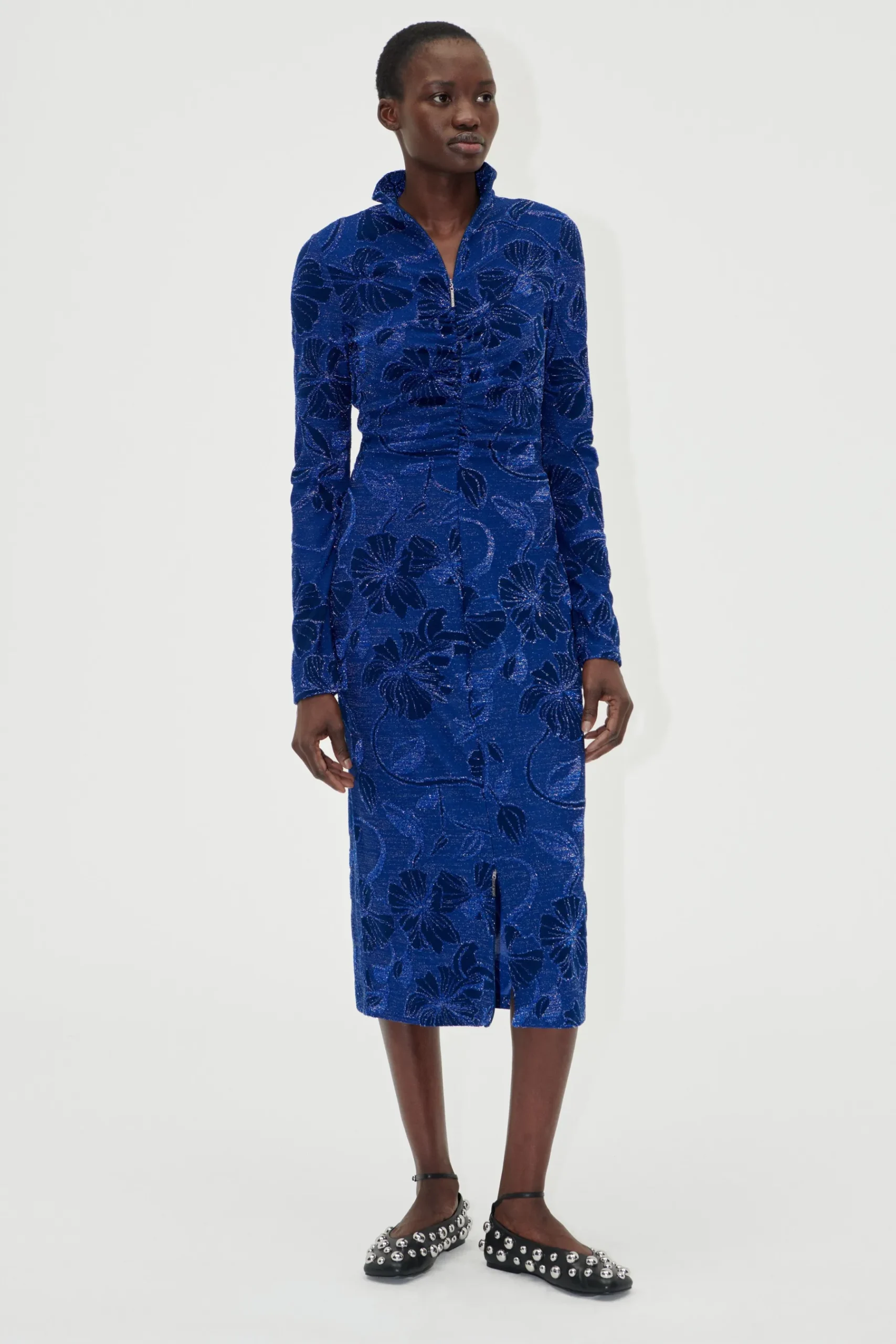 STINE GOYA Gathered Long Sleeve Midi Dress - Fine Line Poppies FineLinePoppies Online