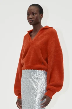 STINE GOYA Long Sleeve V Neckline Collar Jumper - Red Ochre RedOchre Online