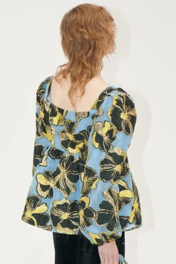 STINE GOYA Square Neck Long Sleeve Top - Blue Anemone Jacquard BlueAnemoneJacquard Store