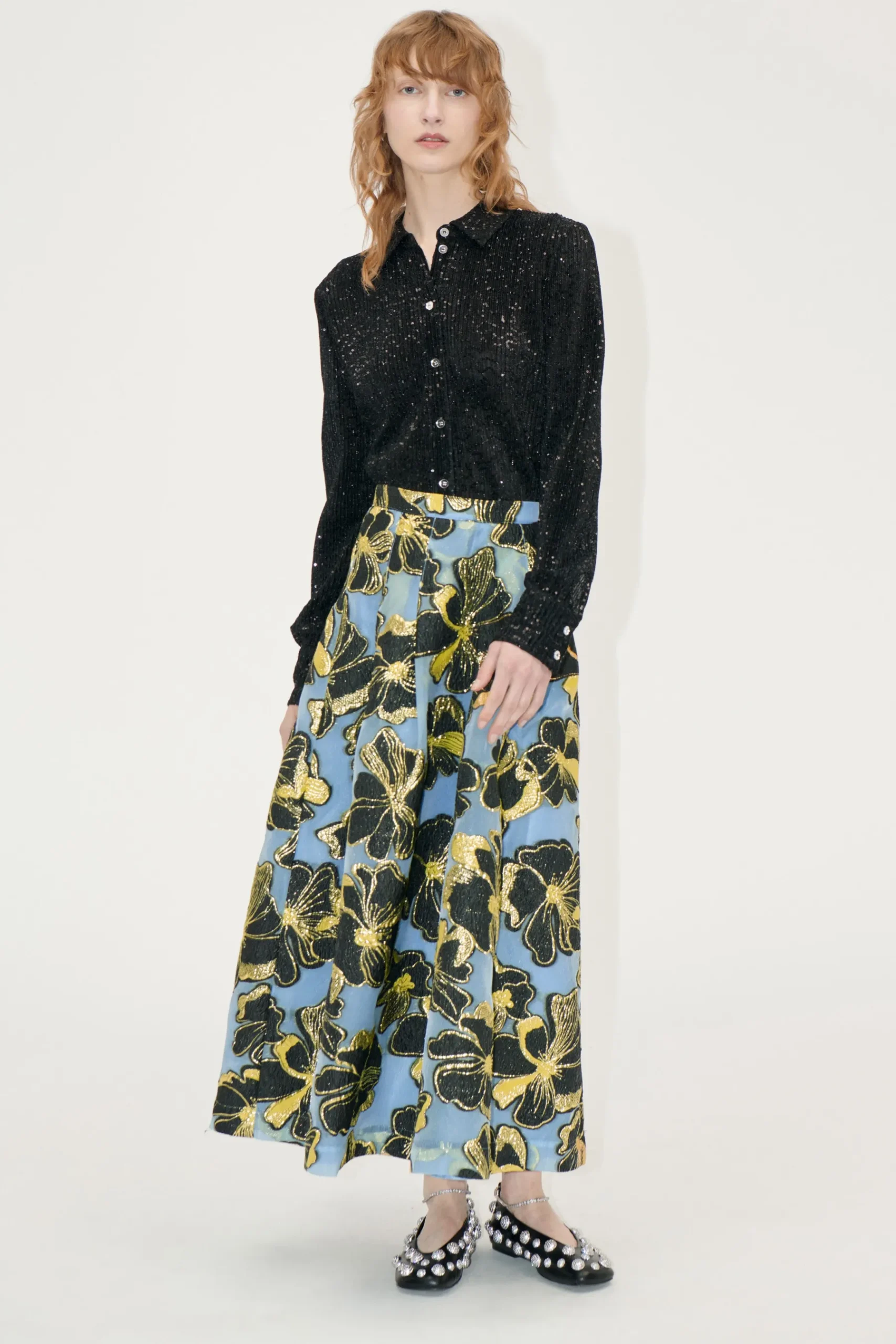 STINE GOYA Voluminous Midi Skirt - Blue Anemone Jacquard BlueAnemoneJacquard Cheap