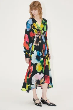 STINE GOYA Voluminous V Neck Midi Dress - Watercolor Bloom WatercolorBloom Hot