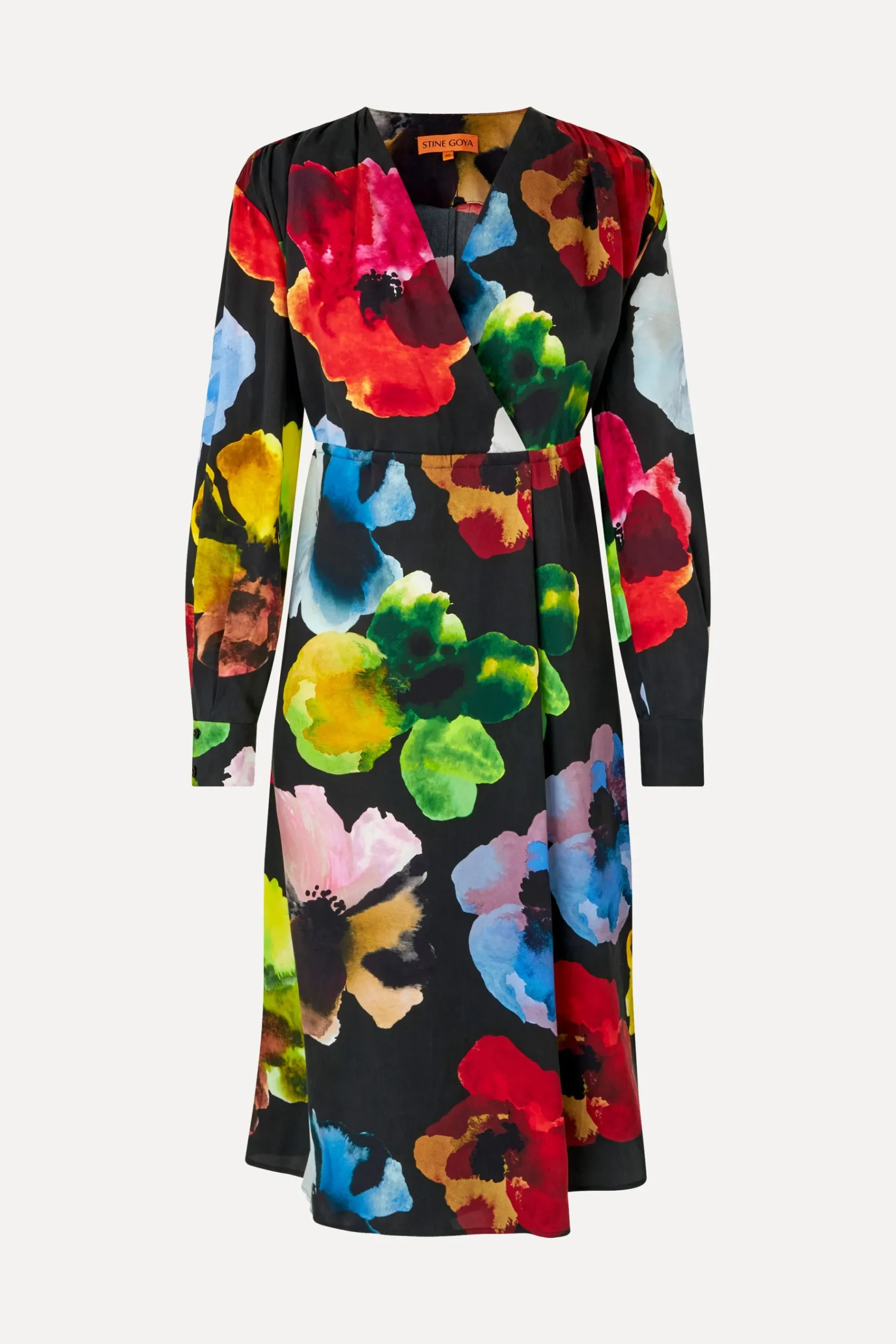 STINE GOYA Voluminous V Neck Midi Dress - Watercolor Bloom WatercolorBloom Hot
